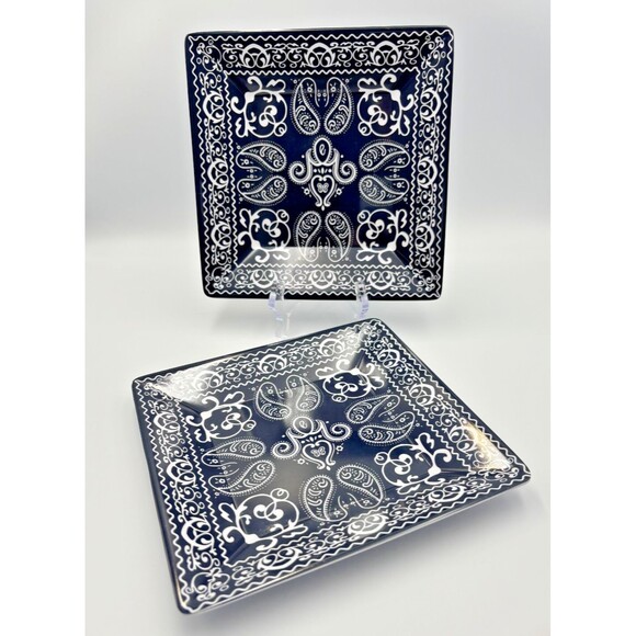 Sur la Table Blue Rectangular Bandana Paisley Tray + 2 Square 8X8 Salad Plates - Picture 7 of 11